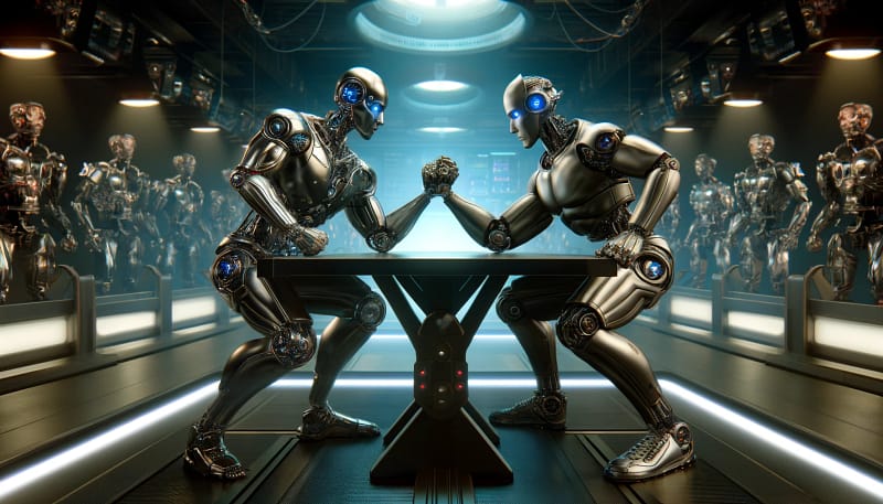 two robots hand-wrestling.