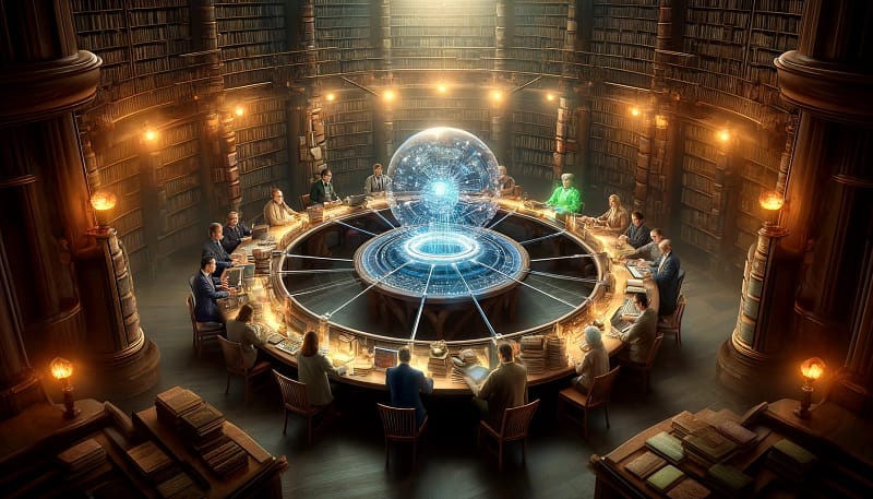 mixture-of-experts depicted as a group of experts sitting around a table